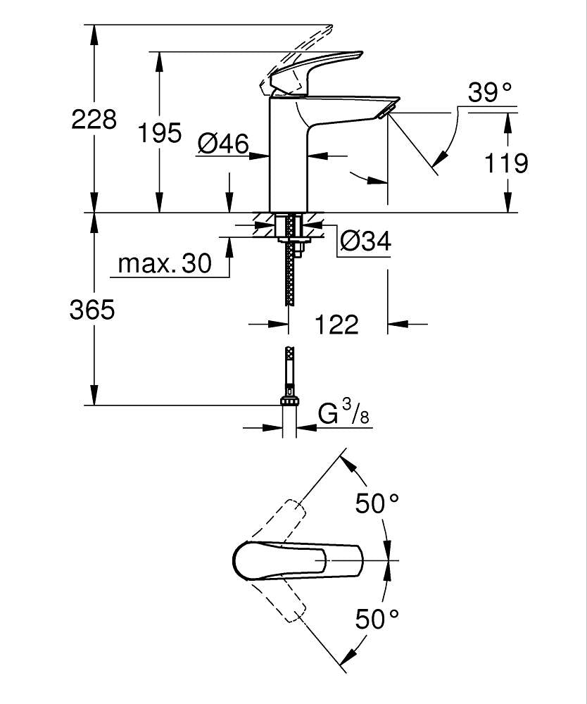 Eurosmart Tek Kumandalı Lavabo Bataryası M-Boyut Mat Siyah – 233242433 teknik çizim