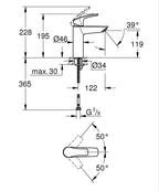 Eurosmart Tek Kumandalı Lavabo Bataryası M-Boyut - 23324003 teknik çizim