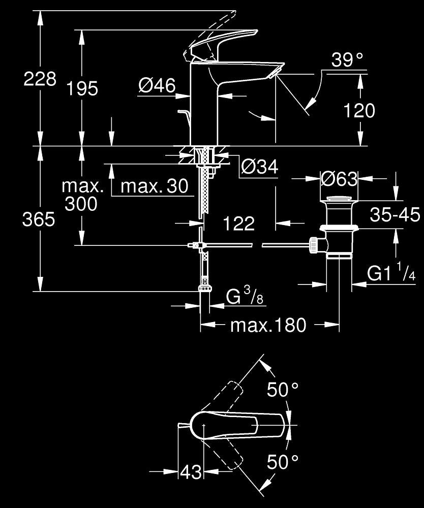 Grohe Eurosmart Tek Kumandalı Lavabo Bataryası M-Boyut Mat Siyah - 233222433 teknik çizim