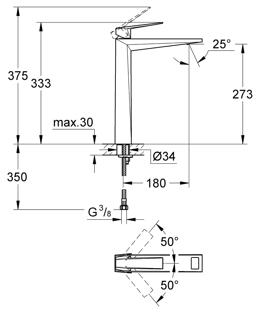 Grohe Allure Brilliant Lavabo Bataryası XL-Boyut Krom – 24346000 teknik çizim