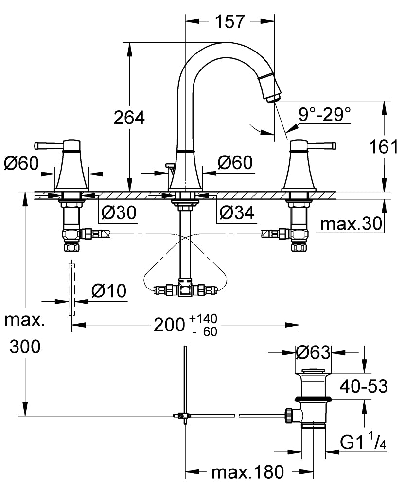 Grohe Lavabo Bataryası 3 Delikli Grandera L–Boyut Krom – 20619000 teknik çizim