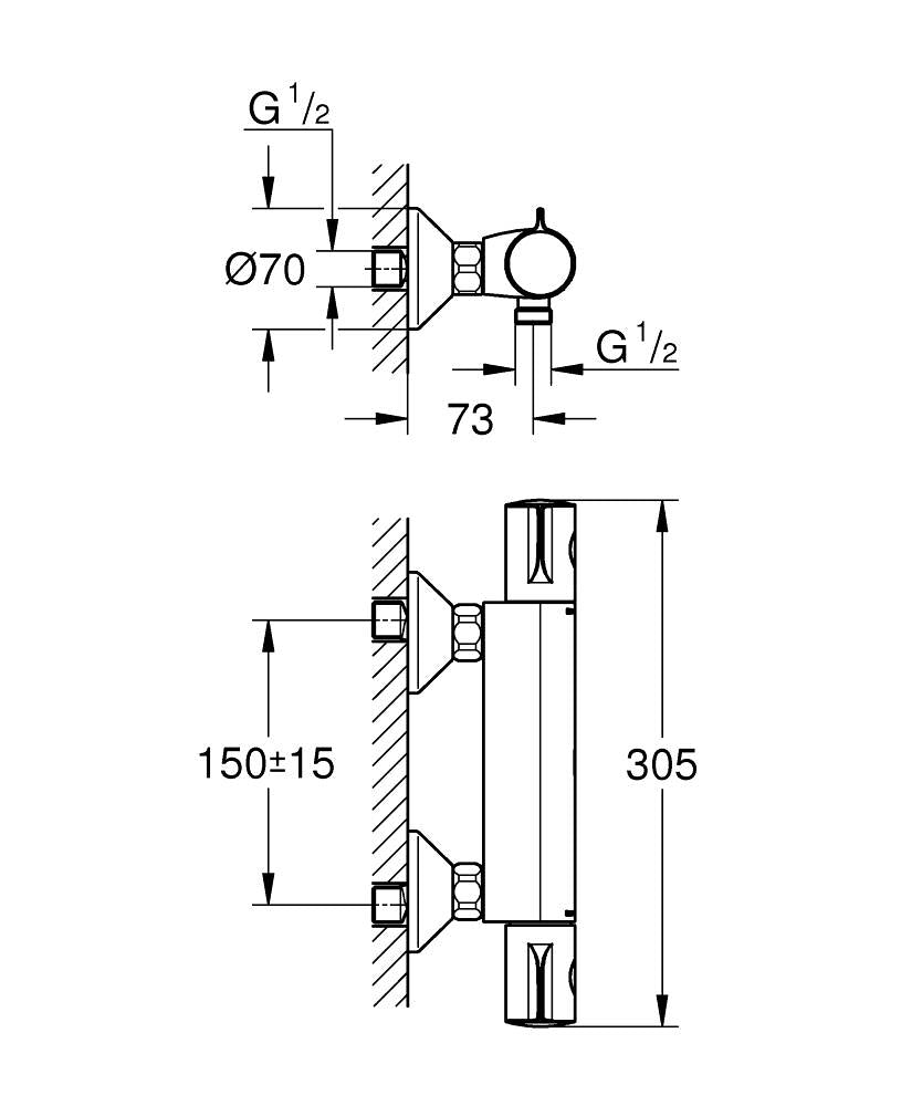 Grohe Grohtherm 800 Termostatik Duş Bataryası Mat Siyah - 1022022430 teknik çizim
