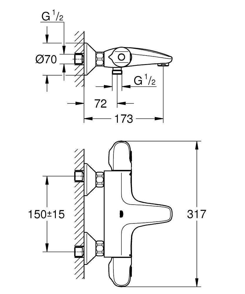 Grohe Grohtherm Termostatik Banyo Bataryası Krom – 34816003 teknik çizim