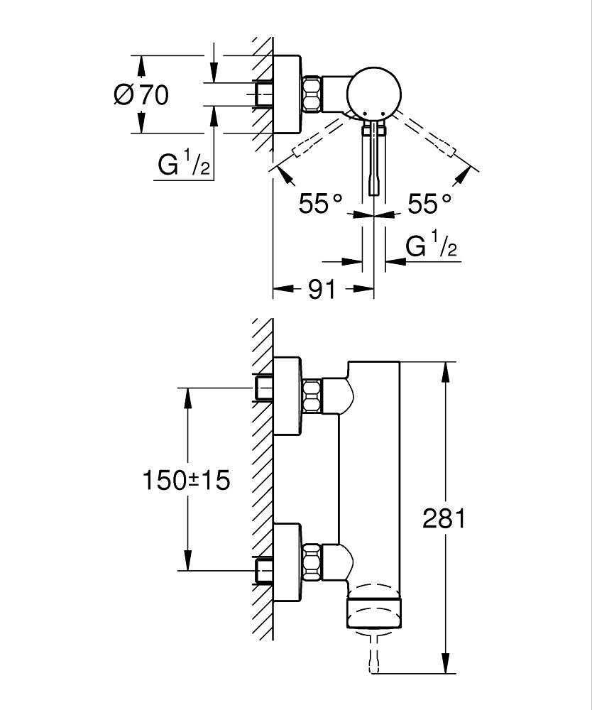 Grohe Essence Tek Kumandalı Duş Bataryası Mat Siyah - 25252KF1 teknik çizim