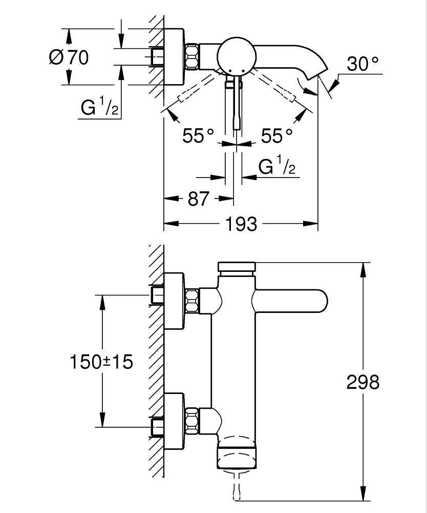 Grohe Essence Banyo Bataryası Brushed  Warm Sunset - 33624DL1 teknik çizim