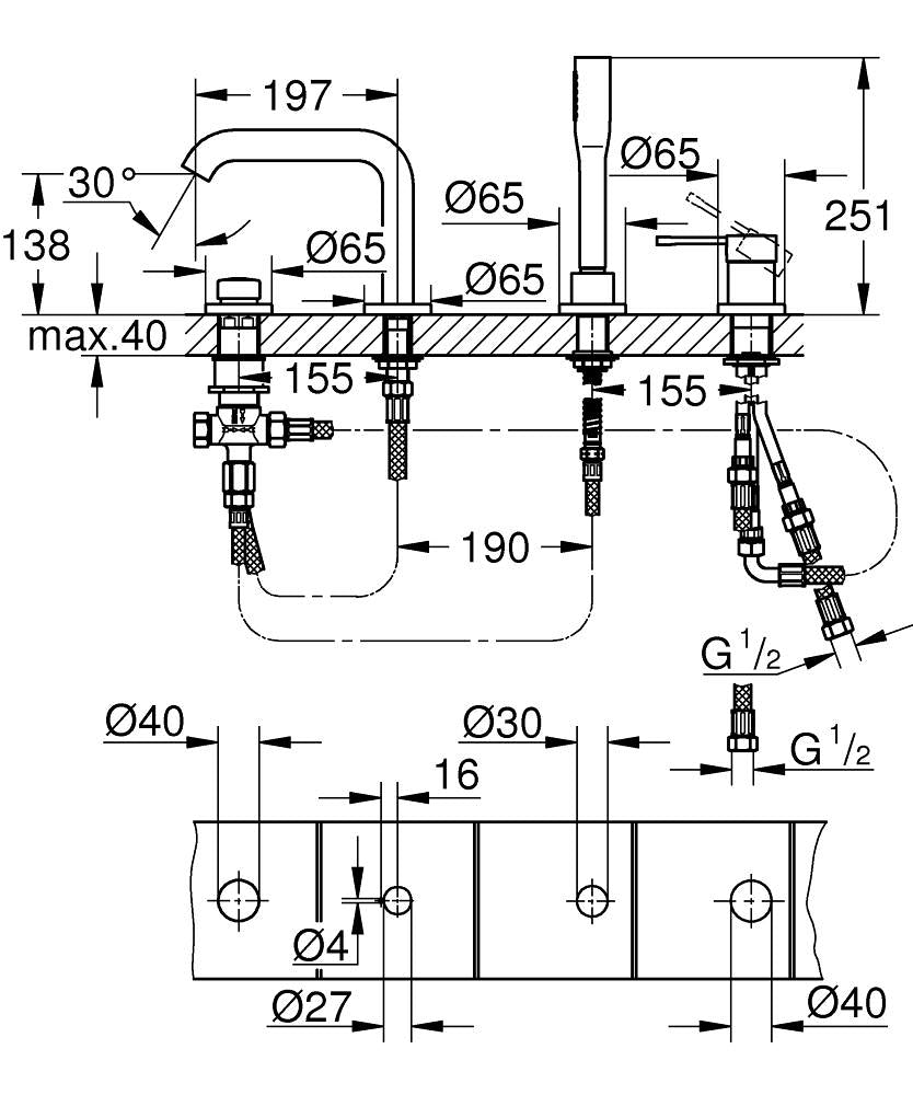 Grohe Essence Dört Delikli Küvet Bataryası Hard Graphite - 19578A01 teknik çizim