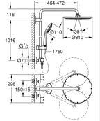 Grohe Euphoria System 310 Duvara Monte Termostatik Bataryalı Duş Sistemi Brushed Cool Sunrise - 2607 teknik çizim