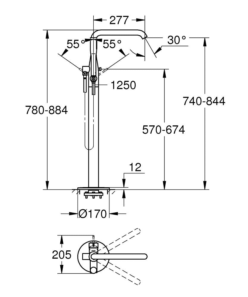 Grohe Essence Yerden Küvet Bataryası Warm Sunset - 23491DA1 teknik çizim