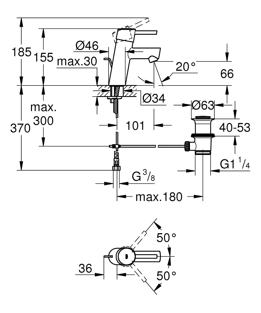Grohe Lavabo Bataryası Concetto S-Boyut Krom - 32204001 teknik çizim