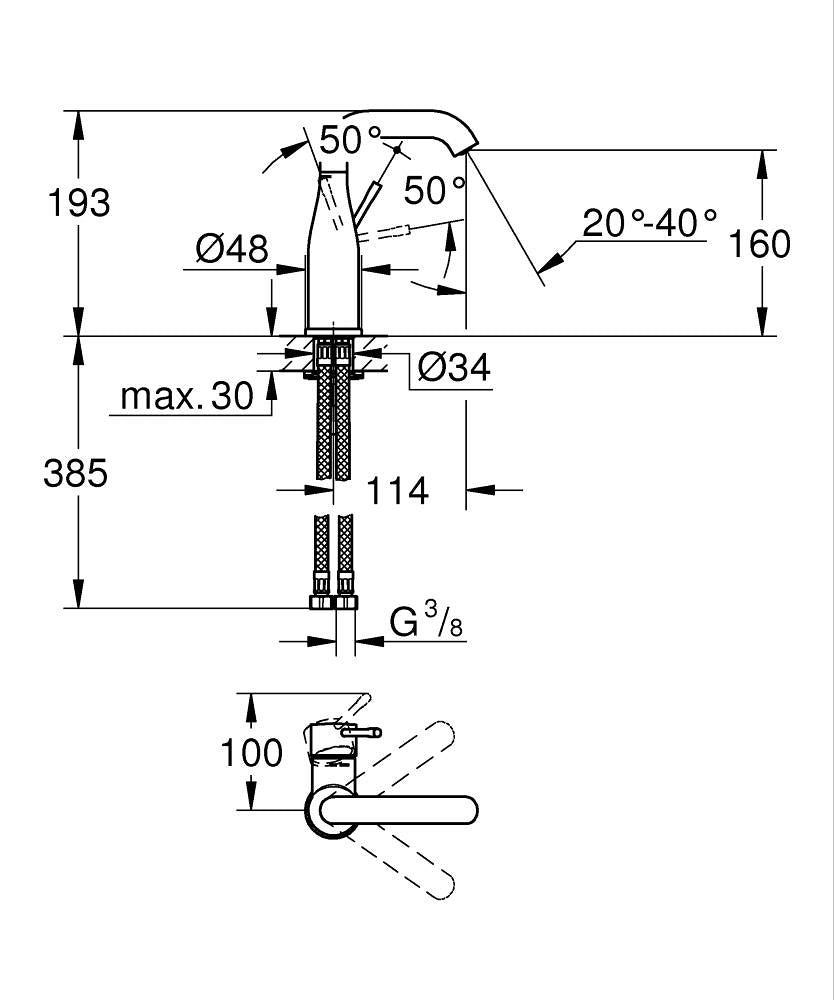 Grohe Lavabo Bataryası Essence M-Boyut Krom - 23463001 teknik çizim