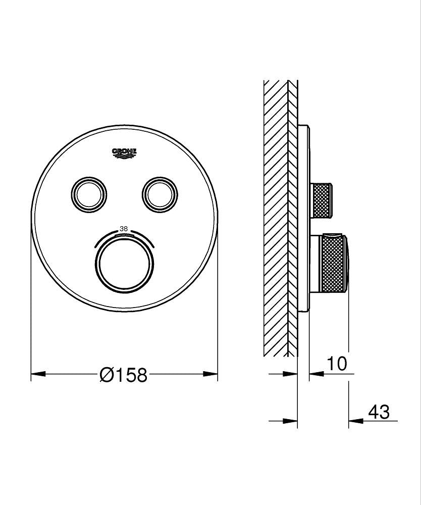 Grohe Grohtherm Smartcontrol Çift Valfli Akış Kontrollü, Ankastre Termostatik Duş Bataryası Warm Sun teknik çizim