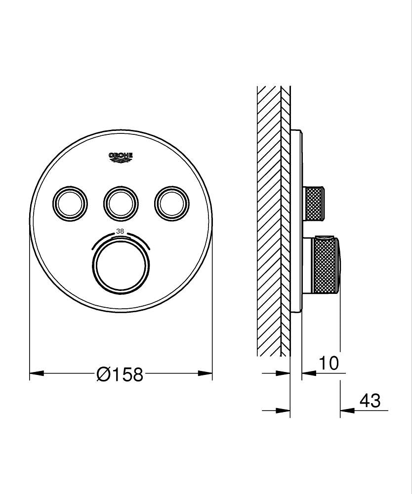 Grohe Grohtherm Smartcontrol Üç Yönlü Ankastre Termostatik Duş Bataryası Mat Siyah - 29508KF0 teknik çizim
