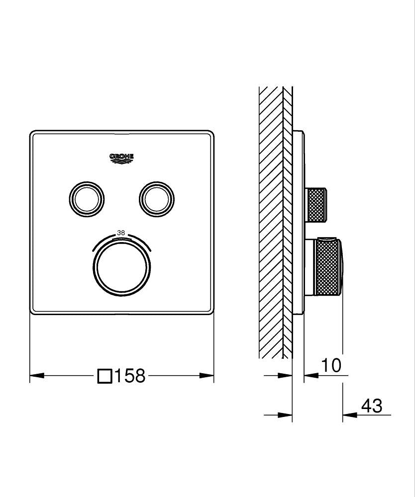 Grohe Grohtherm Smartcontrol Çift Valfli Akış Kontrollü, Ankastre Termostatik Duş Bataryası Hard Gra teknik çizim
