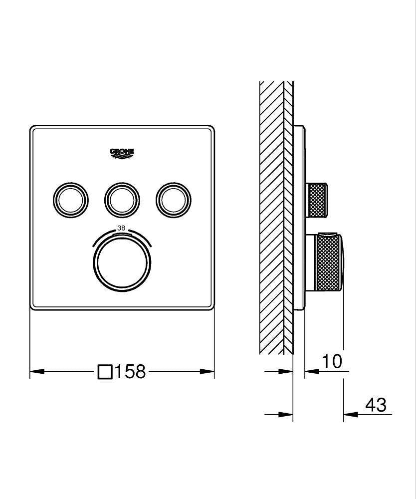 Grohe Grohtherm Smartcontrol Üç Noktadan Akış Kontrollü Kumanda SuperSteel - 29126DC0 teknik çizim