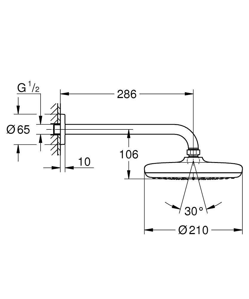 Grohe New Tempesta Tepe Duşu ve Dirseği 21 cm Krom - 26412000 teknik çizim