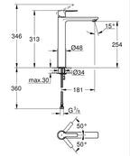 Grohe Lineare New Tek kumandalı Lavabo Bataryası - 23405001 teknik çizim
