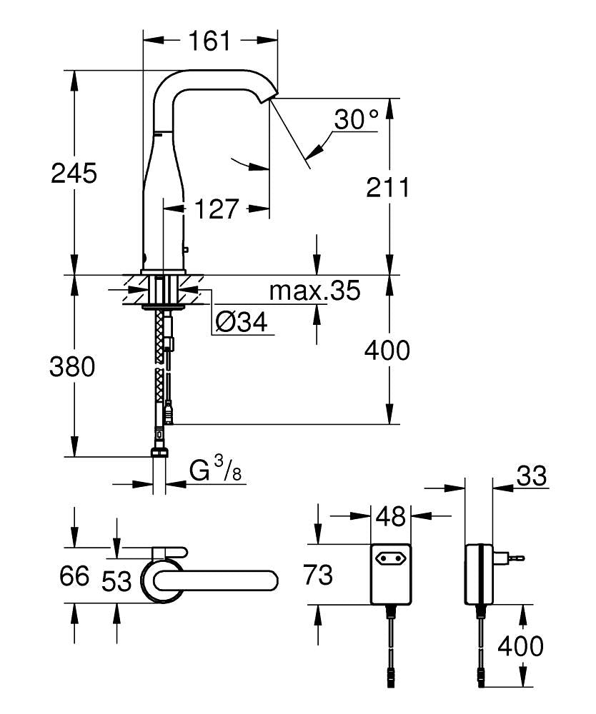 Grohe Fotoselli Lavabo Bataryası Elektrikli çift Su Girişi 36444000 teknik çizim