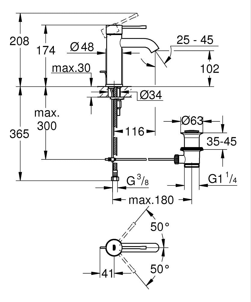 Grohe Lavabo Bataryası Essence S-Boyut Krom - 23589001 teknik çizim