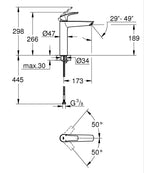 Grohe Eurosmart Tek Kumandalı Lavabo Bataryası XL-Boyut Mat Siyah - 239712433 teknik çizim