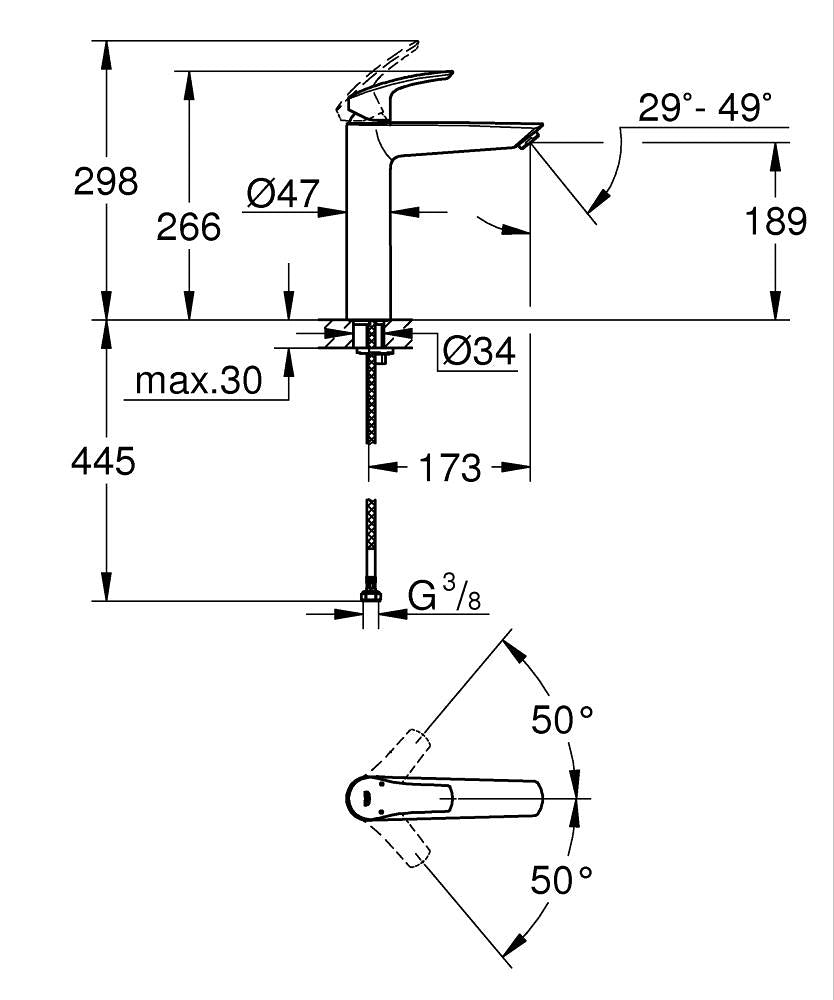 Grohe Eurosmart Tek Kumandalı Lavabo Bataryası Xl-Boyut - 23971003 teknik çizim