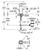 Grohe Grandera Tek Kumandalı Lavabo Bataryası 1/2'' S Boyut Krom/Altın – 24369IG0 teknik çizim