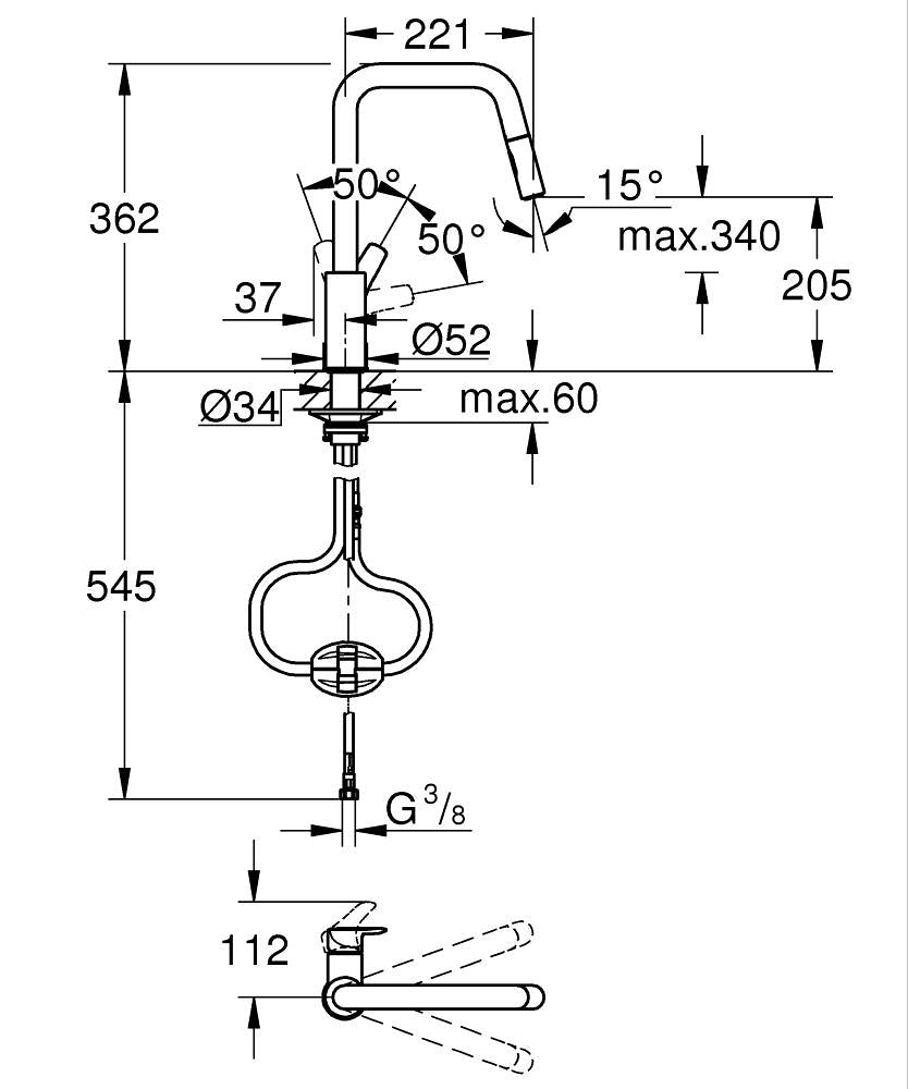 Grohe Eurosmart Eviye Bataryası 2 Akışlı Mat Siyah - 306192430 teknik çizim