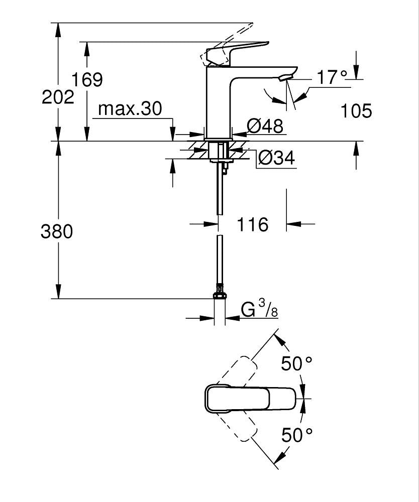 Grohe Lavabo Bataryası Cubeo M-Boyut Mat Siyah – 1017552430 teknik çizim