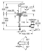 Grohe Lavabo Bataryası Cubeo M-Boyut Mat Siyah – 1017492430 teknik çizim