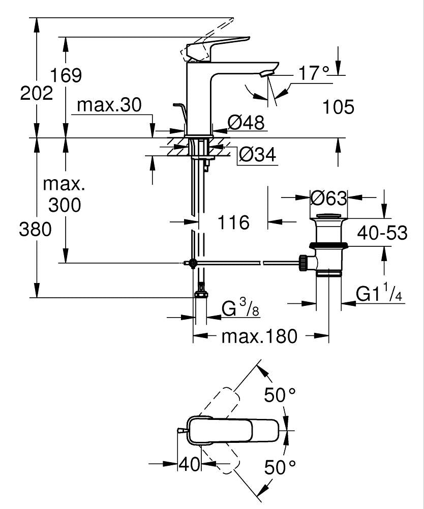 Grohe Lavabo Bataryası Cubeo M-Boyut Mat Siyah – 1017492430 teknik çizim