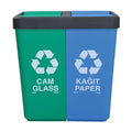 Motek Çöp Kutusu Geri Dönüşüm Cam ve Kağıt Atık Yeşil/Mavi 40+40 80 Litre İkili 55 x 35,5 x 59 cm