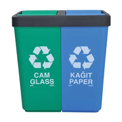Motek Çöp Kutusu Geri Dönüşüm Cam ve Kağıt Atık Yeşil/Mavi 40+40 80 Litre İkili 55 x 35,5 x 59 cm