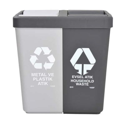 Motek Çöp Kutusu Geri Dönüşüm Metal-Plastik ve Evsel Atık 40+40 80 Litre İkili  55 x 35,5 x 59 cm