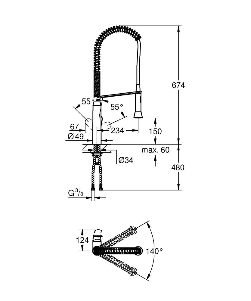 Grohe Eviye Bataryası Spiralli 2 Fonk. Profes. K7 Super Steel - 32950DC0