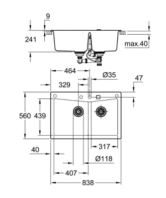 Grohe 700 Kuvars Kompozit Eviye 90 -C 83,8 / 55,9, Granit Gri Rengi - 31657AT0 - Thumbnail 10GRO31657AT0