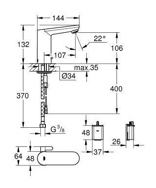 Grohe Eurosmart Cosmopolitan E Fotoselli Lavabo Bataryası, Çift Su Girişli Pilli - 36327001 - Thumbnail 10GRO36327001