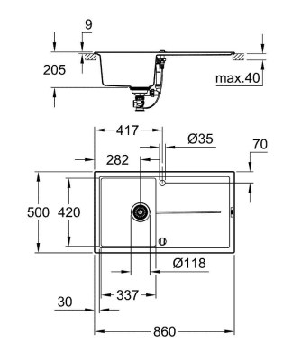 Grohe K400 Kuvars Kompozit Eviye 50 -C 86/50, Granit Siyah Rengi - 31640AP0 - Thumbnail 10GRO31640AP0