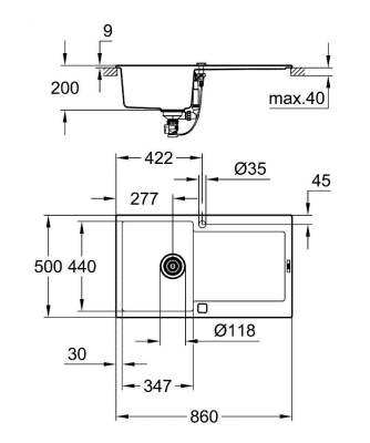 Grohe K500 Kuvars Kompozit Eviye 50 -C 86/50, Granit Gri Rengi - 31644At0 - Thumbnail 10GRO31644At0