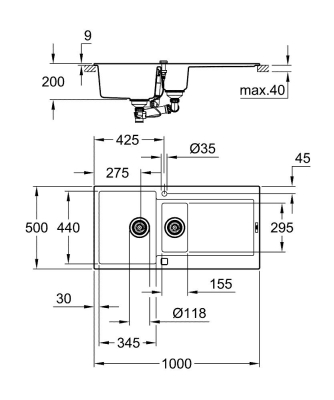 GROHE - Grohe K500 Kuvars Kompozit Eviye 60 -C 100/50, Granit Siyah Rengi - 31646AP0