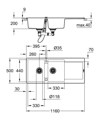 Grohe K500 Kuvars Kompozit Eviye 80 -C 116/50, Granit Gri Rengi - 31647AT0 - Thumbnail 10GRO31647AT0