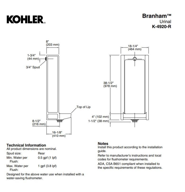 Kohler Branham Boy Pisuvar Beyaz - 10KOH4920-R-0000