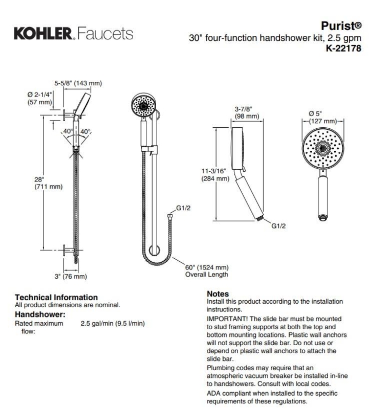 Kohler Purist El Duşu Takımı - 10KOH22178-BV