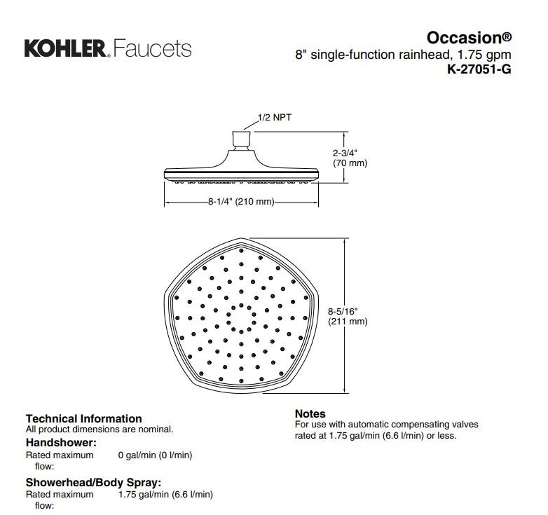 Kohler Tepe Duşu Occasion - 10KOH27051-G-AF