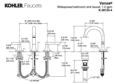 Kohler Venza 3 Delik Lavabo Bataryası, Mat Siyah - Thumbnail 10KOH28125-4-BL