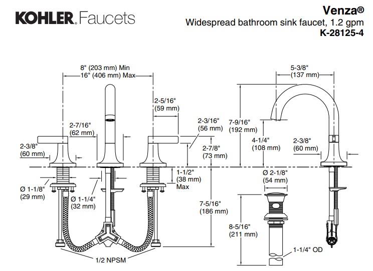 Kohler Venza 3 Delik Lavabo Bataryası, Mat Siyah - 10KOH28125-4-BL