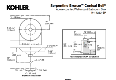 Kohler Lavabo Çanak Serpentine Bronze - Thumbnail 10KOH14223-SPG9